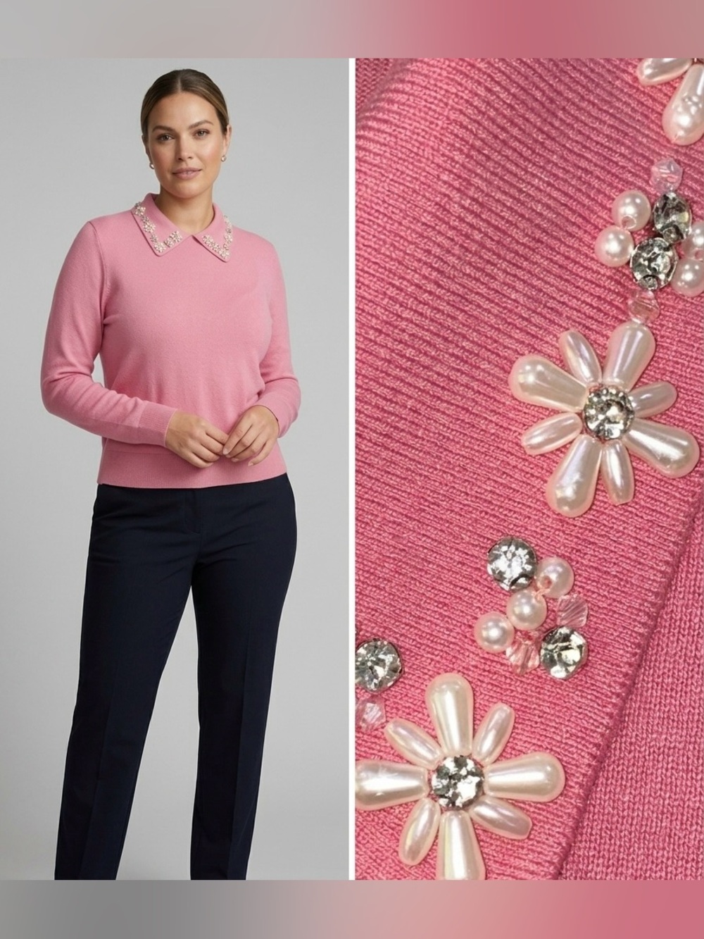 CeCe Pink Floral Pearl Embellished Collar Pullover Knit Sweater Size L